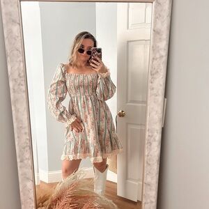 Floral Smocked Square-Neck Mini Dress - Cream & Blue